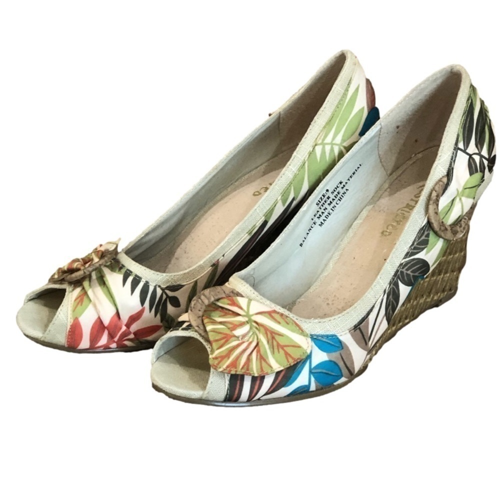 RESTRICTED tropical print peep-toe espadrilles. Leather and fabric. Size 9